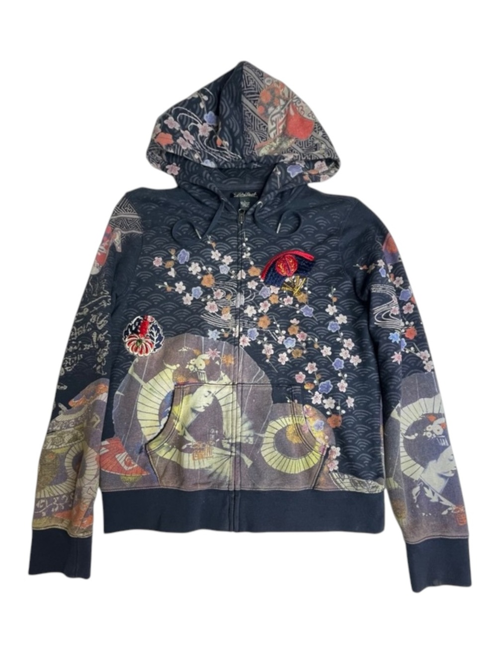 Rare: Y2K Lucky Brand ☂︎︎ Geisha Parasol Embroidery Zipper Hoodie ☂︎︎ Navy ☂︎︎ L - Picture 4 of 16